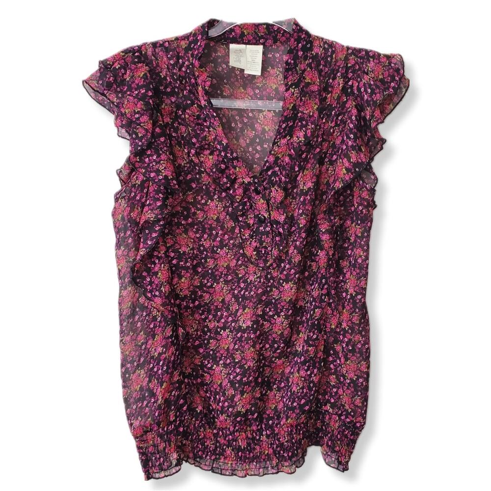 Women 90s Y2K Ruffle Black Floral Blouse Top M Sheer Dark Romance Whimsigoth